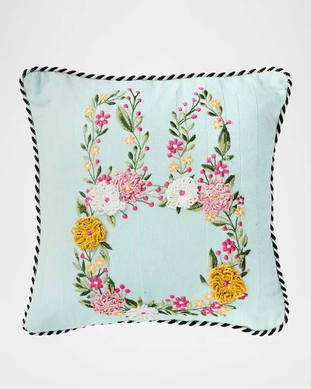 Floral Bunny Embroidered Throw Pillow, 12" Square